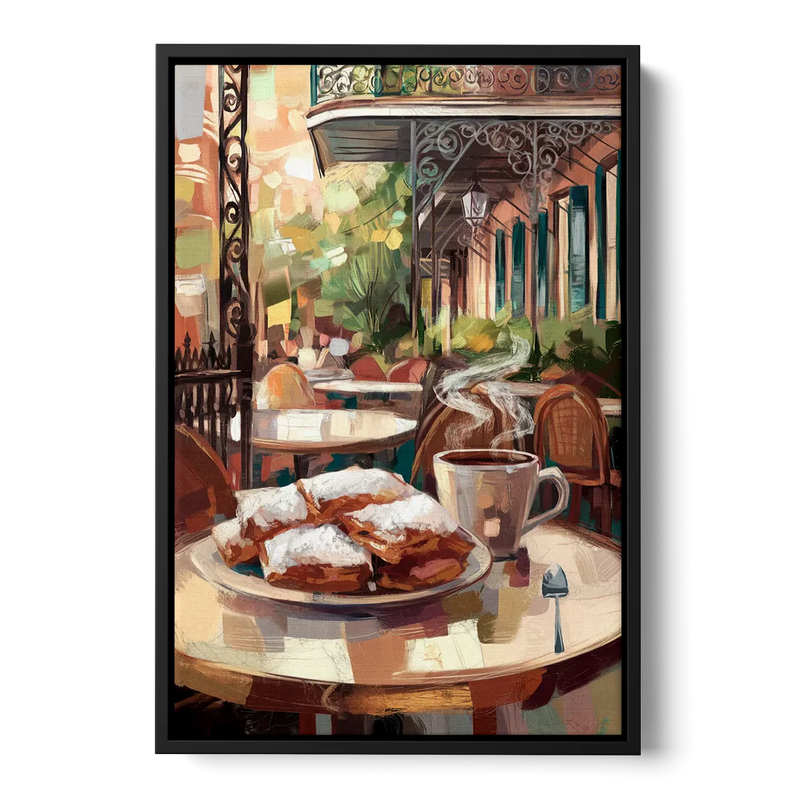 New Orleans Beignets and Coffee Front - Black Canvas Wall Art