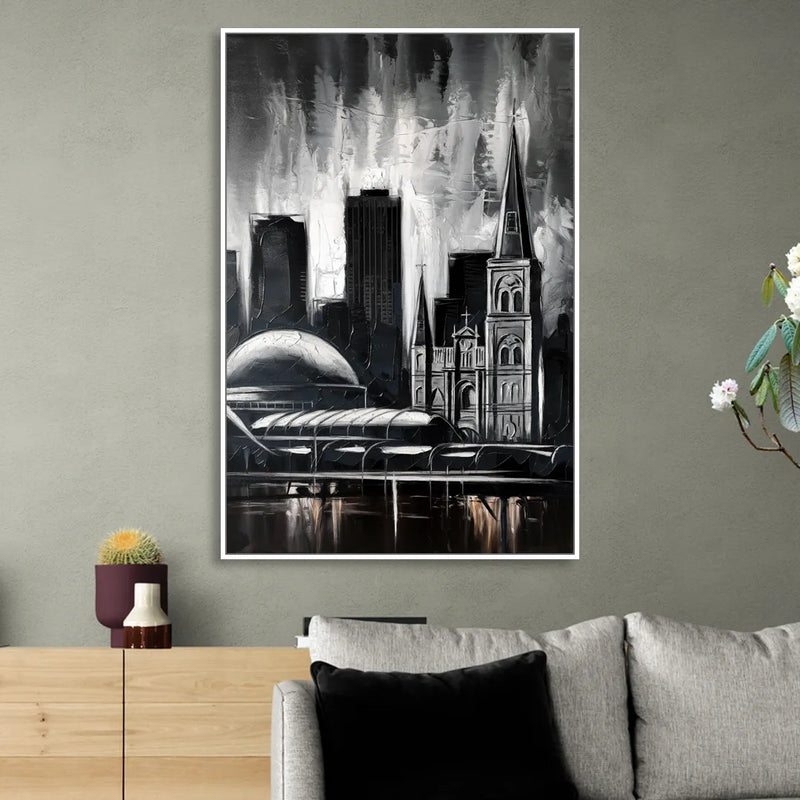 New Orleans Black and White Skyline Sitting Room - White Canvas Wall Art