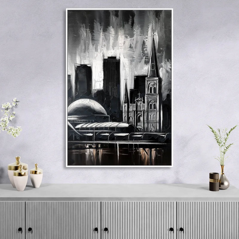 New Orleans Black and White Skyline Living Room - White Canvas Wall Art