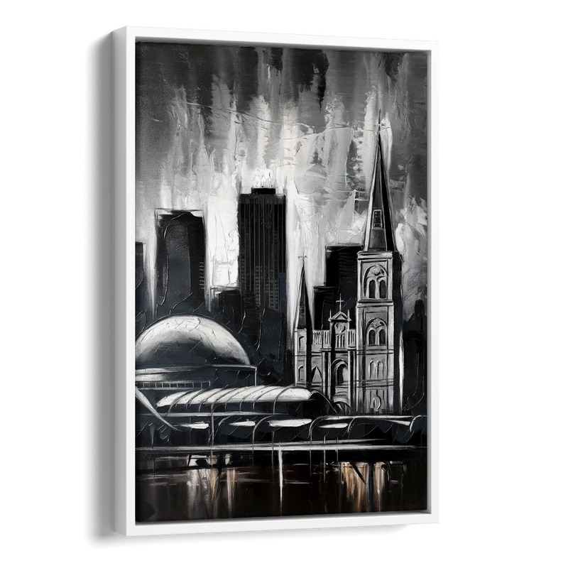 New Orleans Black and White Skyline Side - White Canvas Wall Art