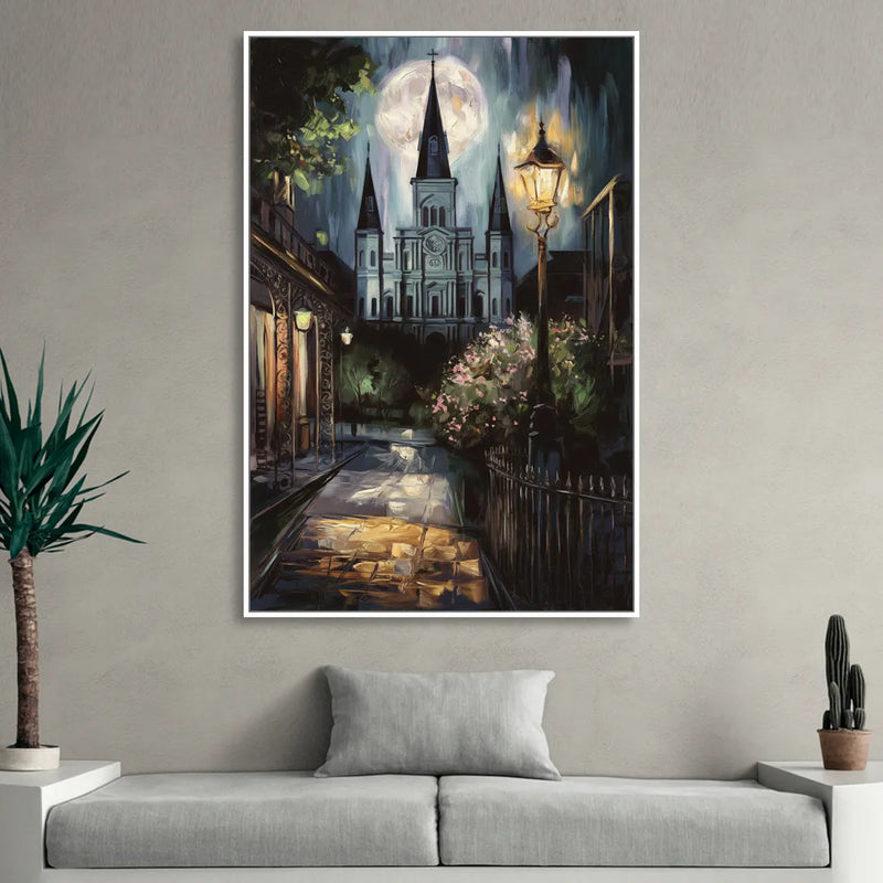 New Orleans Cathedral Silhouette Sitting Room - White Canvas Wall Art