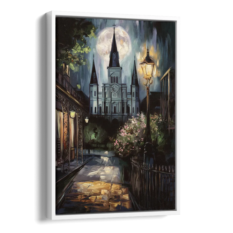 New Orleans Cathedral Silhouette Side - White Canvas Wall Art