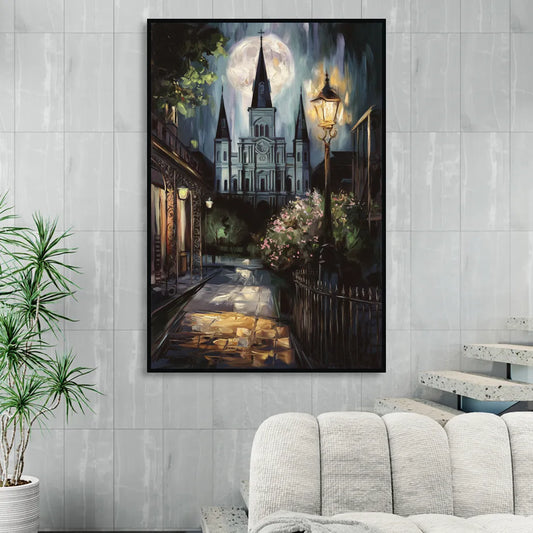 New Orleans Cathedral Silhouette Living Room - Black Canvas Wall Art