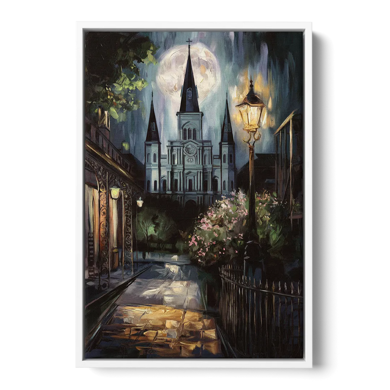 New Orleans Cathedral Silhouette Front - White Canvas Wall Art