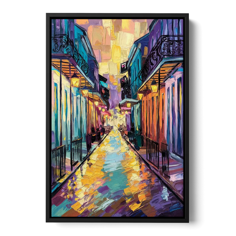 New Orleans French Quarter Lights Front - Black Canvas Wall Art