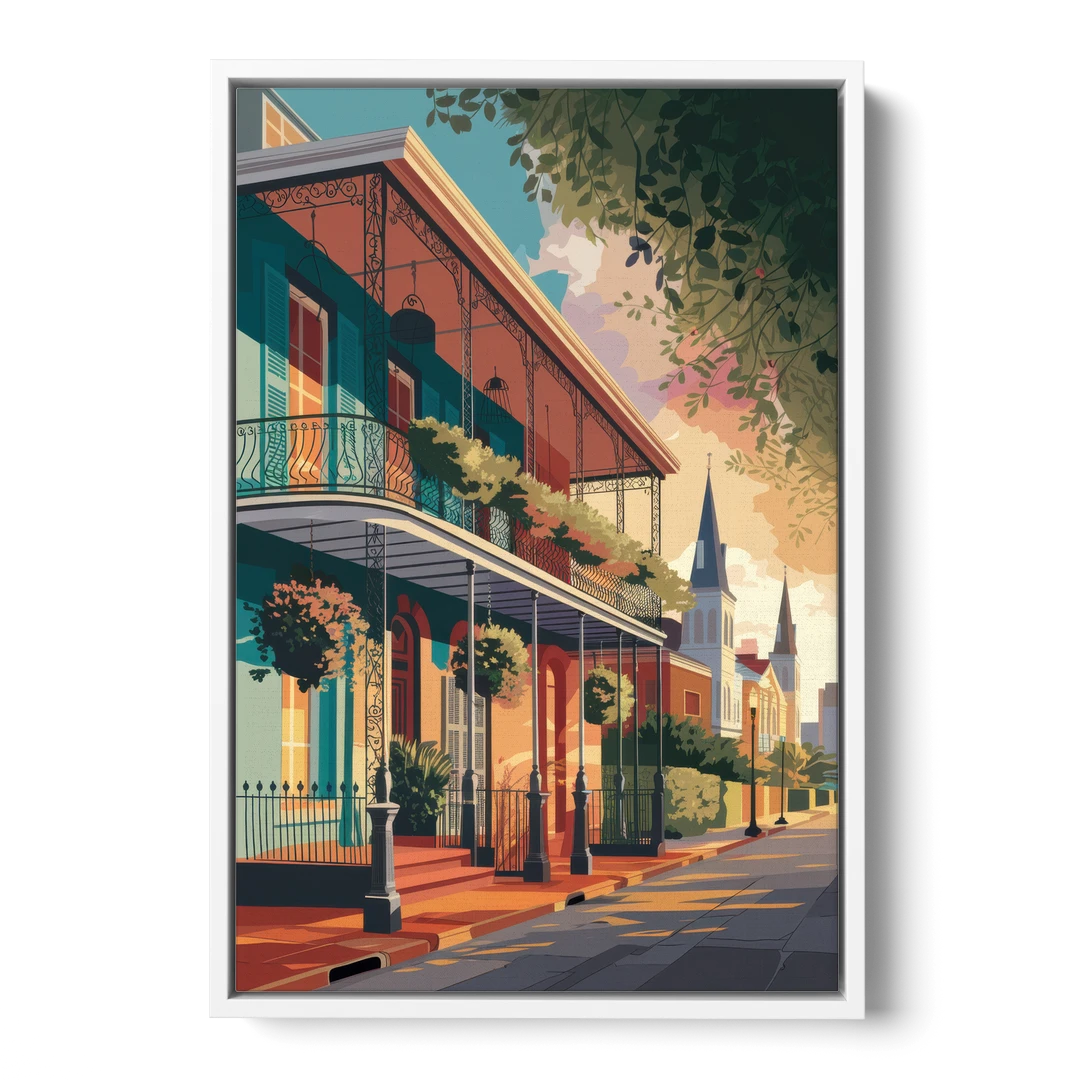 New Orleans Historic Architecture - White Framed Canvas Wall Art - Front
