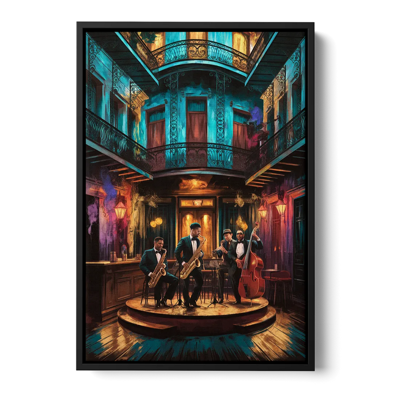 New Orleans Jazz Club Scene Front - Black Canvas Wall Art