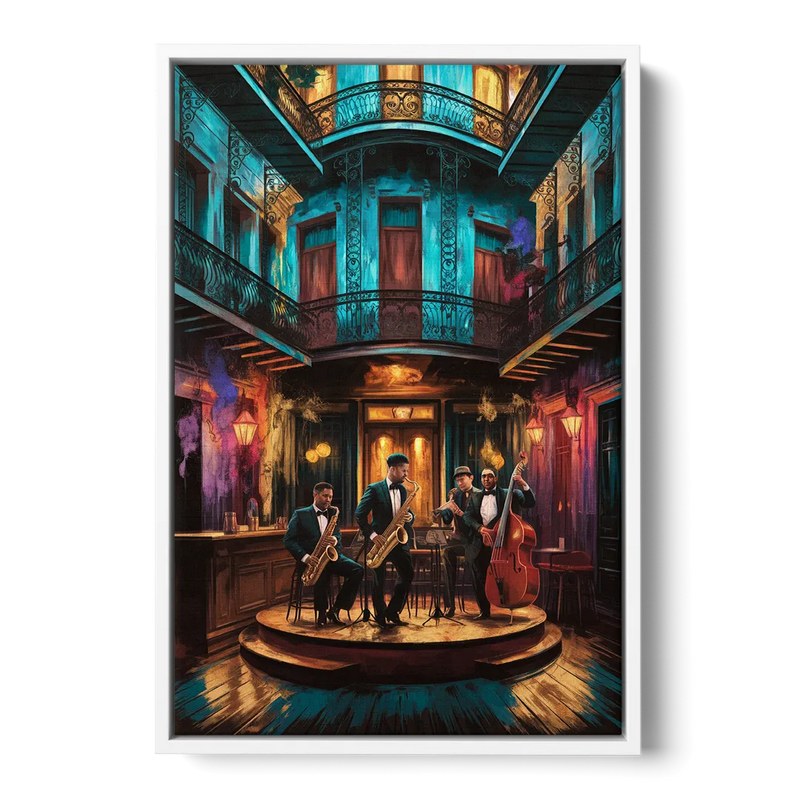 New Orleans Jazz Club Scene Front - White Canvas Wall Art