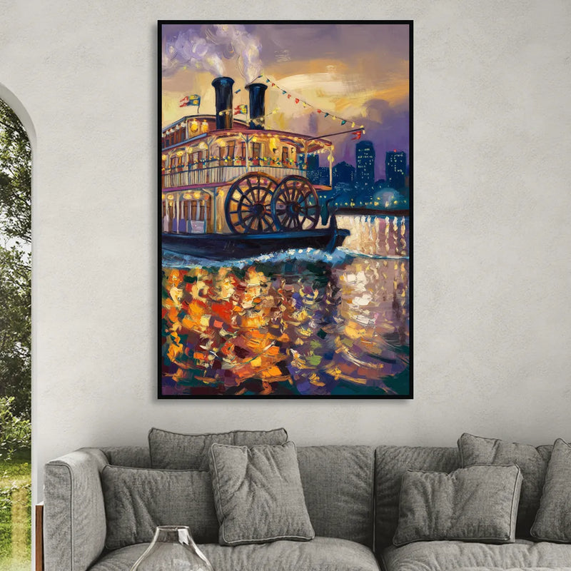 New Orleans Riverboat Adventure Living Room - Black Canvas Wall Art