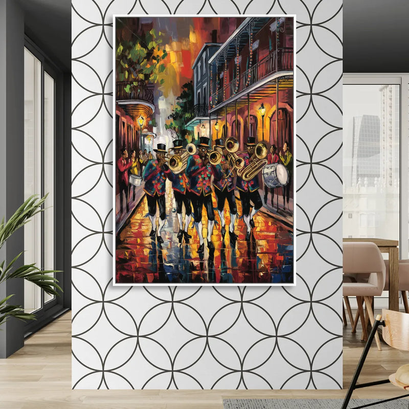 New Orleans Second Line Band Sitting Room - White Canvas Wall Art