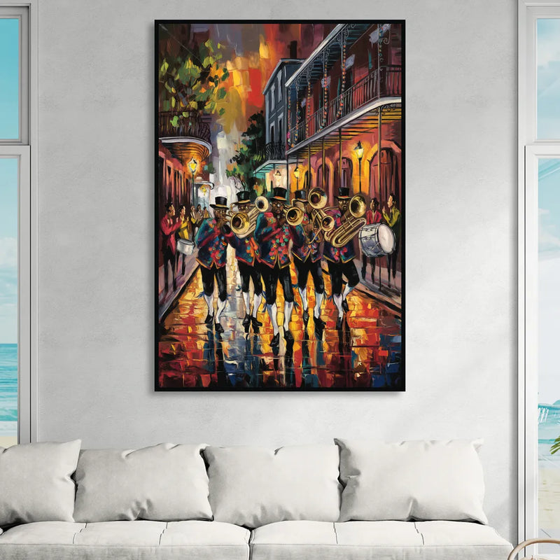 New Orleans Second Line Band Sitting Room - Black Canvas Wall Art