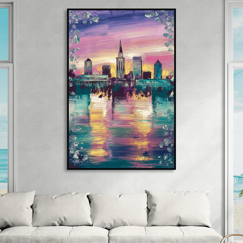 New Orleans Skyline at Sunset Living Room - Black Canvas Wall Art