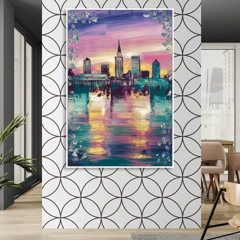 New Orleans Skyline at Sunset Living Room - White Canvas Wall Art