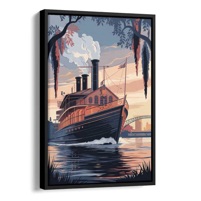 New Orleans Steamboat on the River Side - Black Canvas Wall Art