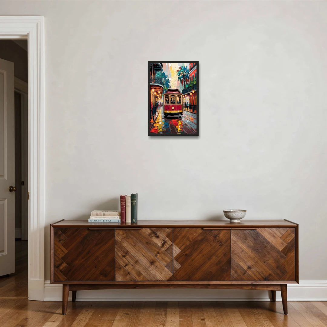 New Orleans Trolley Car Journey - Black Framed Canvas Wall Art - Coffee Table - 16x24