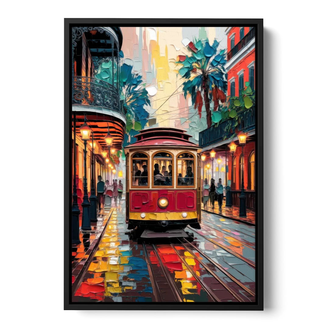 New Orleans Trolley Car Journey - Black Framed Canvas Wall Art - Front