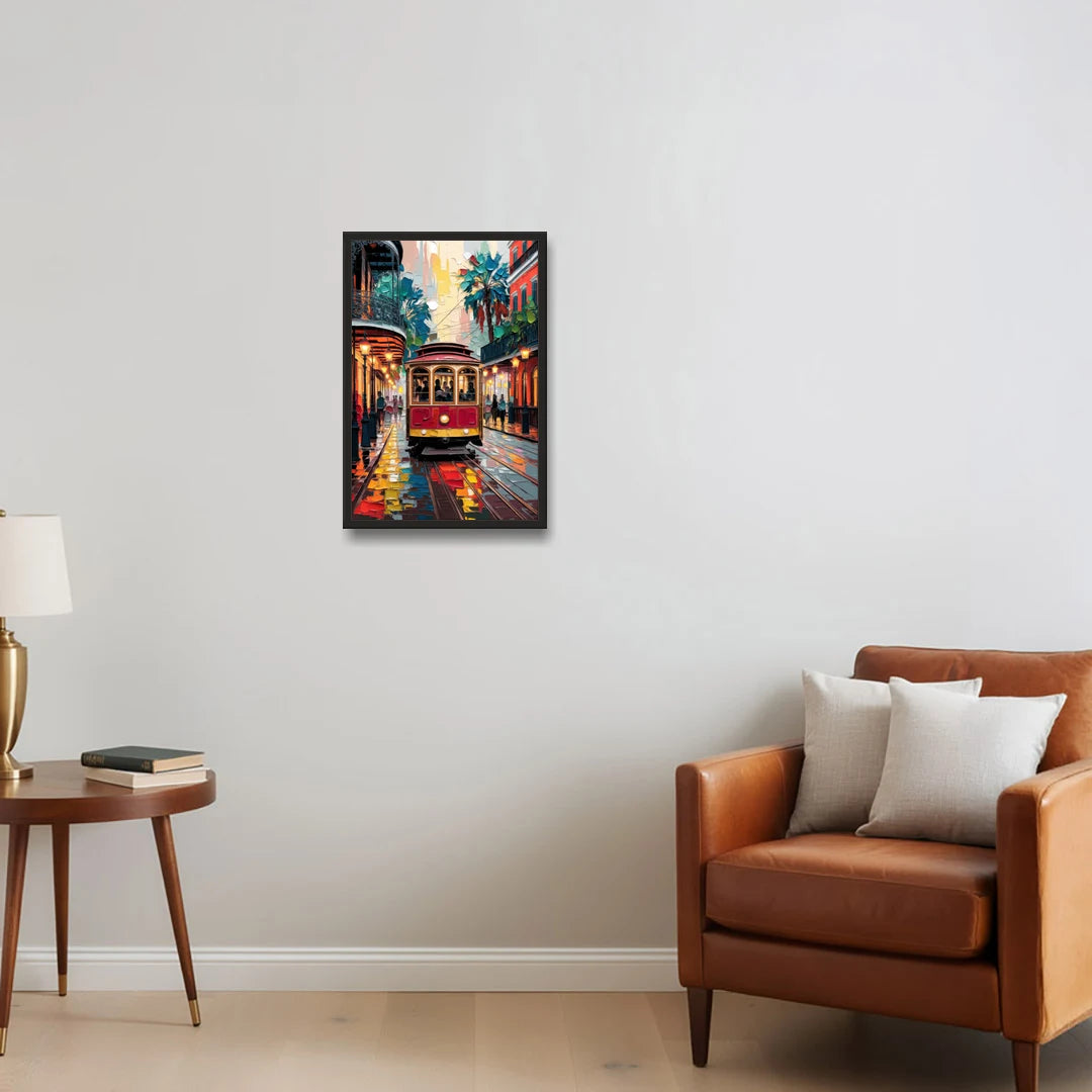 New Orleans Trolley Car Journey - Black Framed Canvas Wall Art - Sofa - 16x24