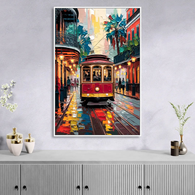 New Orleans Trolley Car Journey Living Room - White Canvas Wall Art