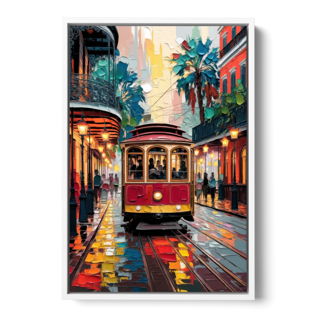 New Orleans Trolley Car Journey - White Framed Canvas Wall Art - Front