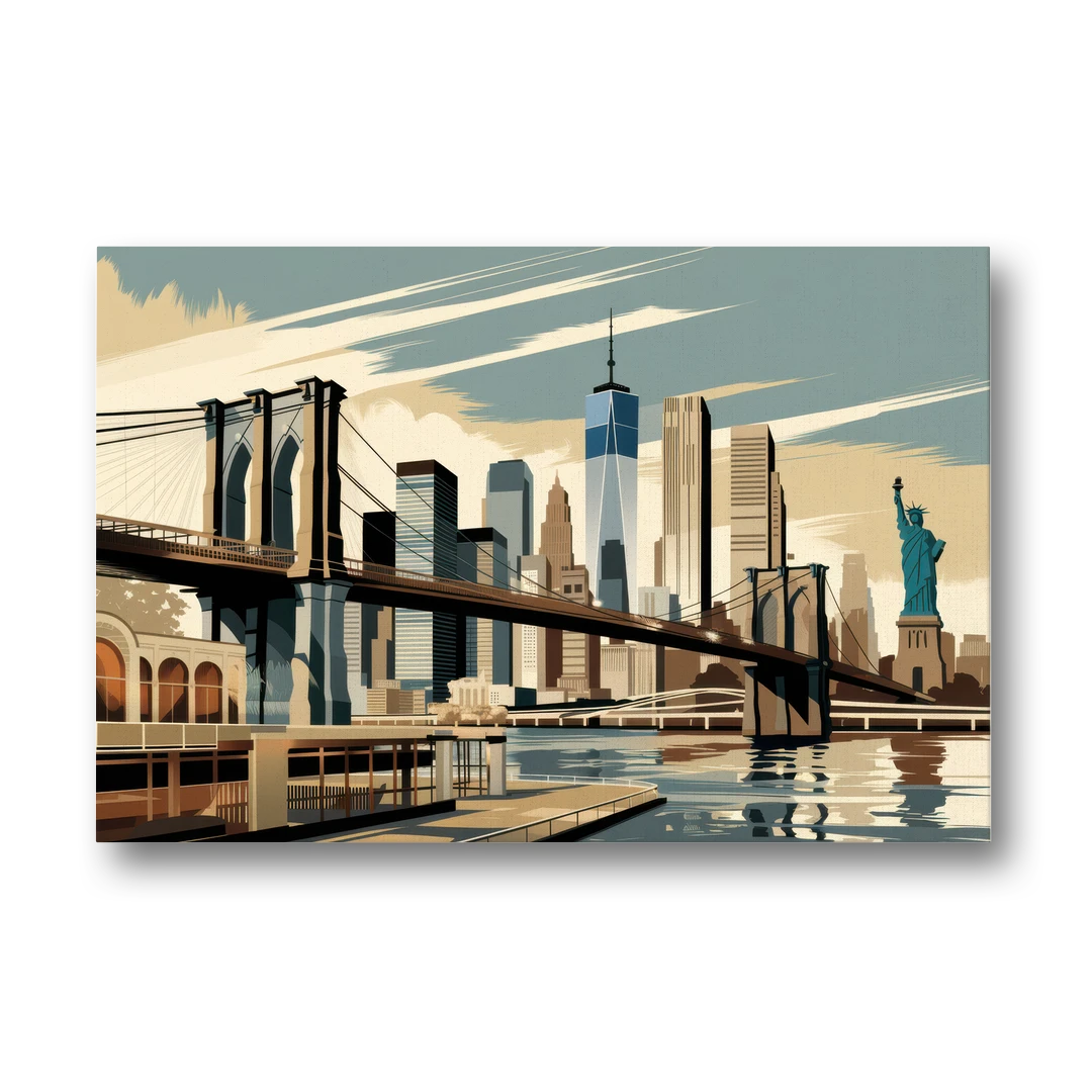 New York Brooklyn Bridge And Statue Of Liberty - Canvas Wall Art - Front