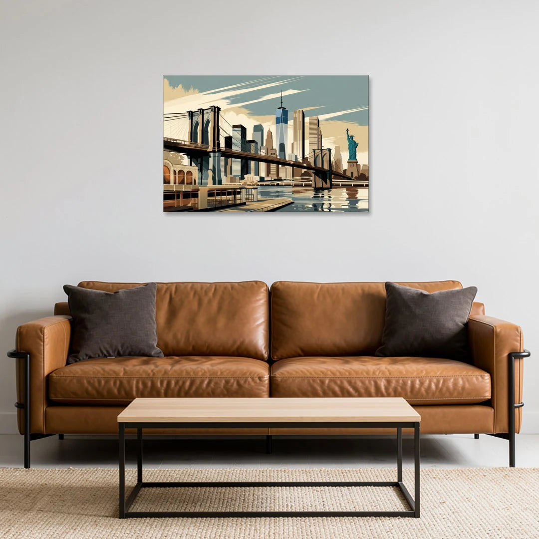 New York Brooklyn Bridge And Statue Of Liberty - Canvas Wall Art - Sofa - 36x24