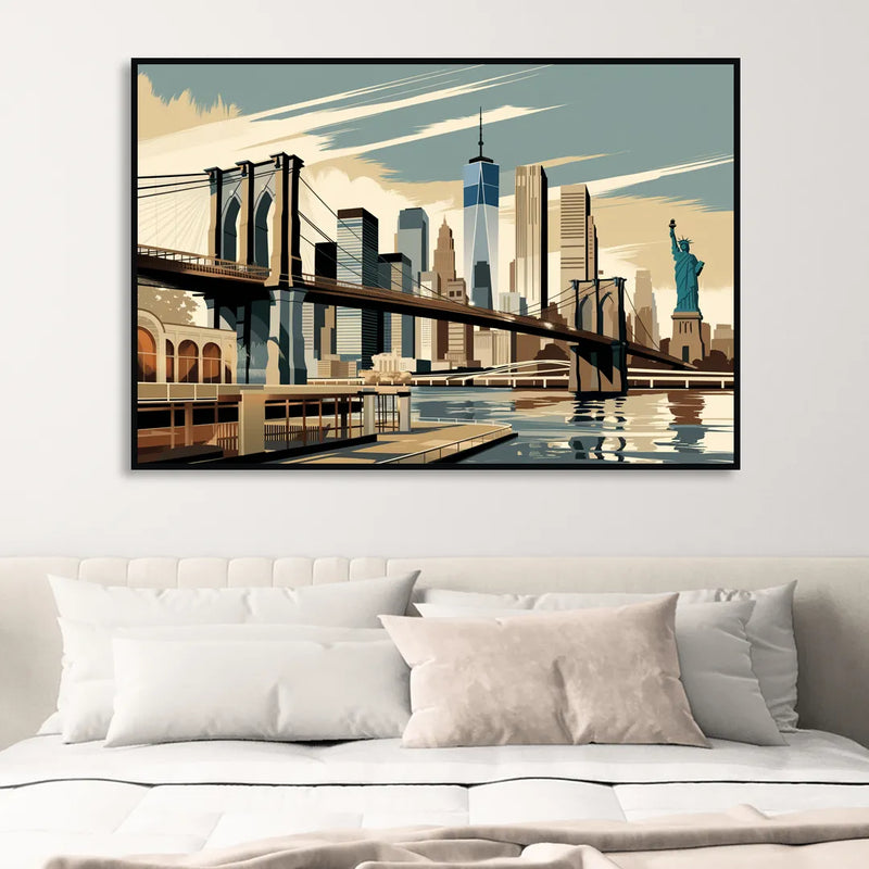 New York Brooklyn Bridge And Statue Of Liberty Living Room - Black Canvas Wall Art