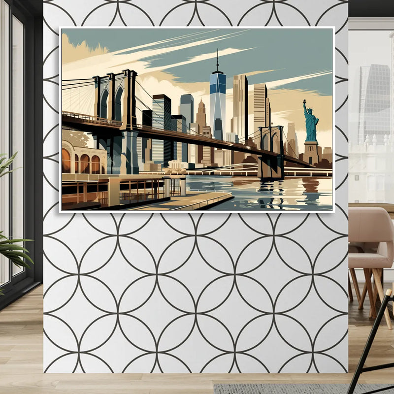 New York Brooklyn Bridge And Statue Of Liberty Sitting Room - White Canvas Wall Art