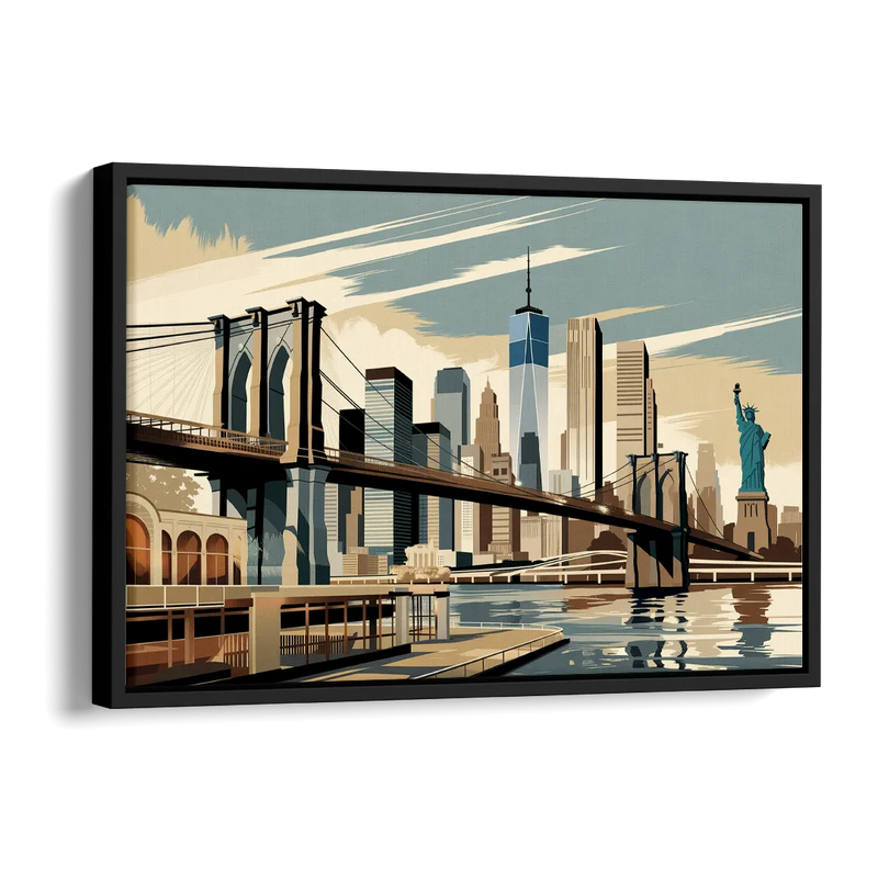 New York Brooklyn Bridge And Statue Of Liberty Side - Black Canvas Wall Art