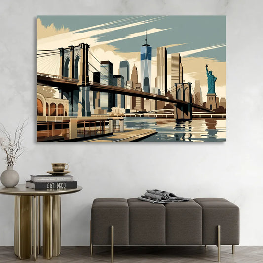 New York Brooklyn Bridge And Statue Of Liberty Living Room - Canvas Wall Art