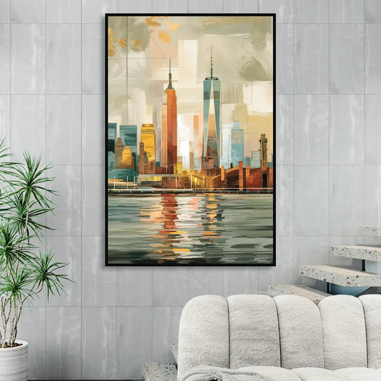 New York City Abstract Skyline Art Hudson Living Room - Black Canvas Wall Art