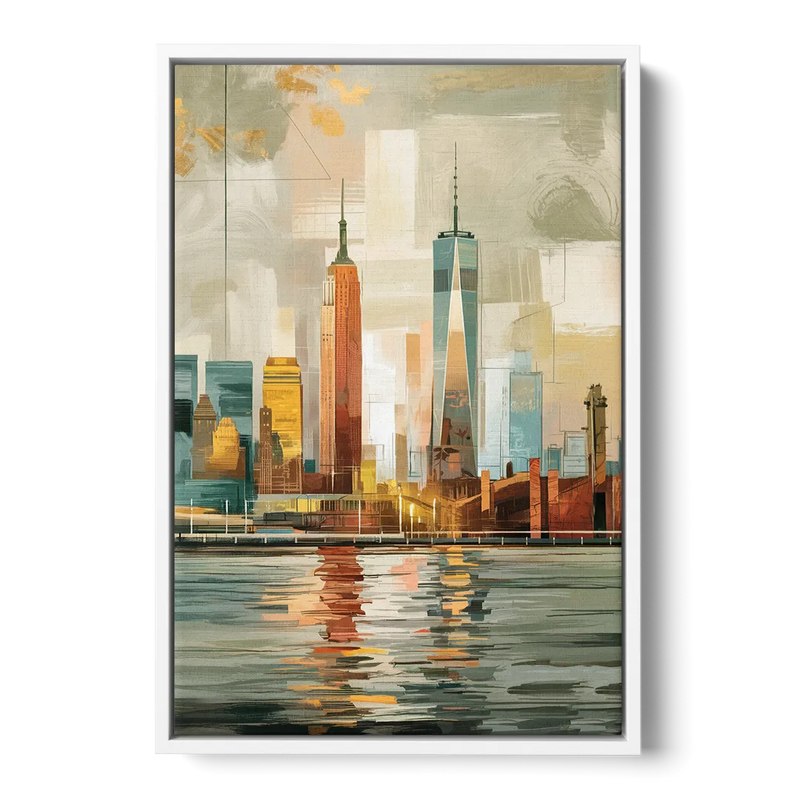 New York City Abstract Skyline Art Hudson Front - White Canvas Wall Art