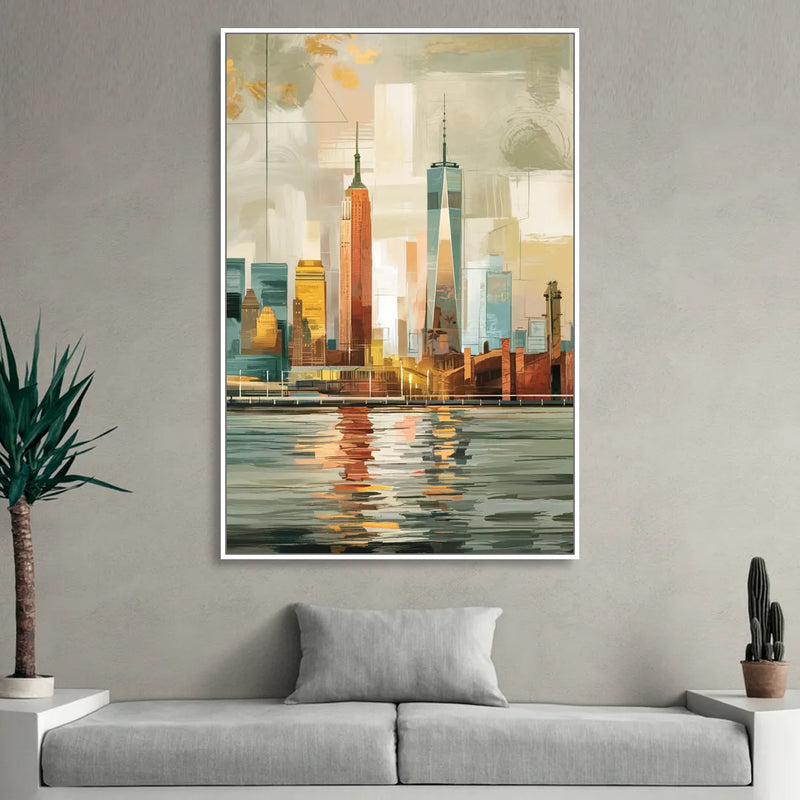 New York City Abstract Skyline Art Hudson Sitting Room - White Canvas Wall Art
