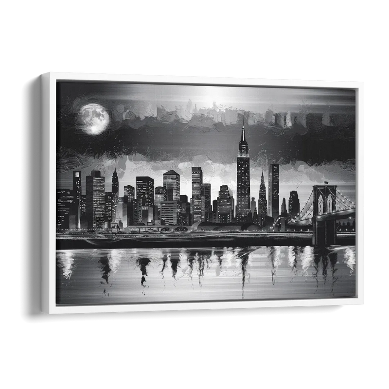 New York City Black And White Skyline Side - White Canvas Wall Art