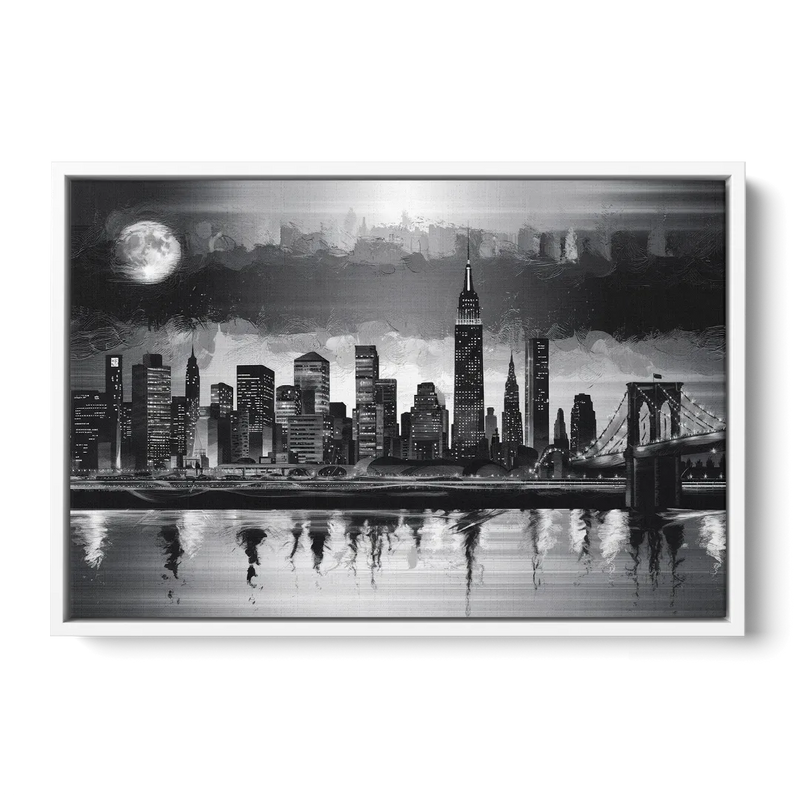 New York City Black And White Skyline Front - White Canvas Wall Art