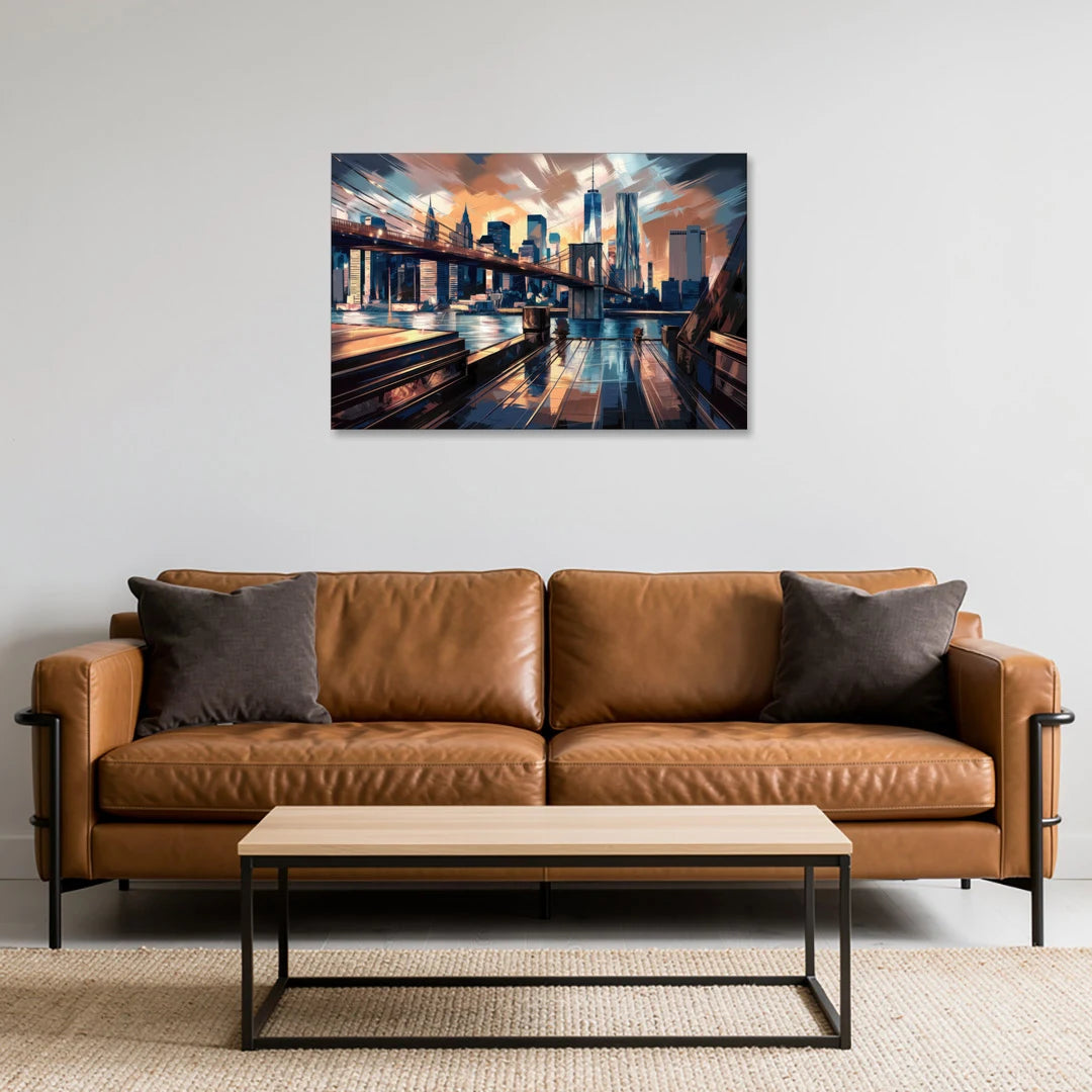 New York City Bridge From The Rooftop - Canvas Wall Art - Sofa - 36x24