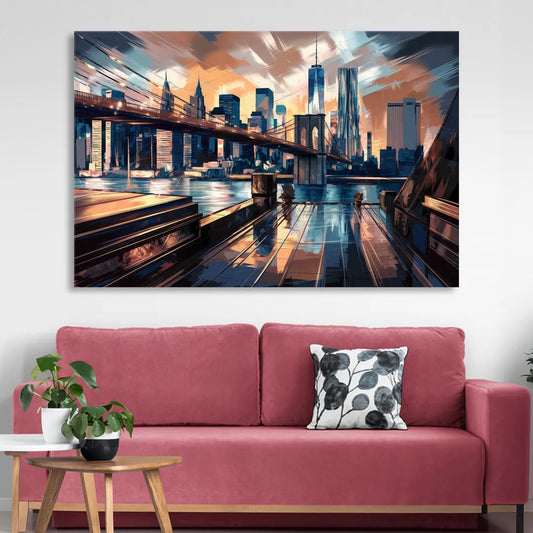 New York City Bridge From The Rooftop Living Room - Canvas Wall Art
