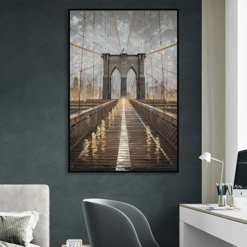 New York City Brooklyn Bridge View Sitting Room - Black Canvas Wall Art