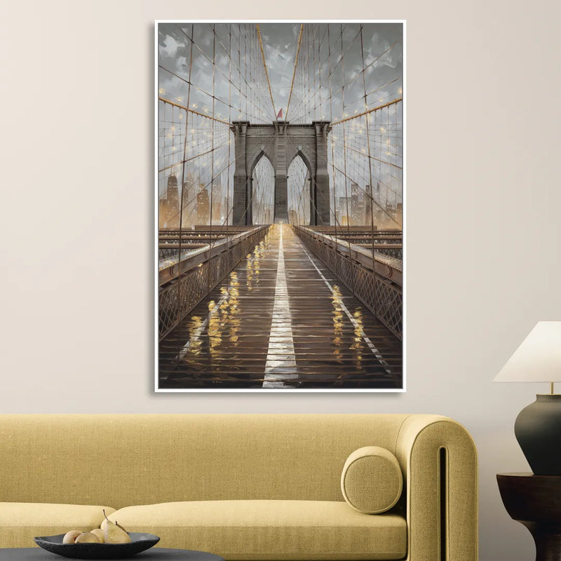 New York City Brooklyn Bridge View Living Room - White Canvas Wall Art
