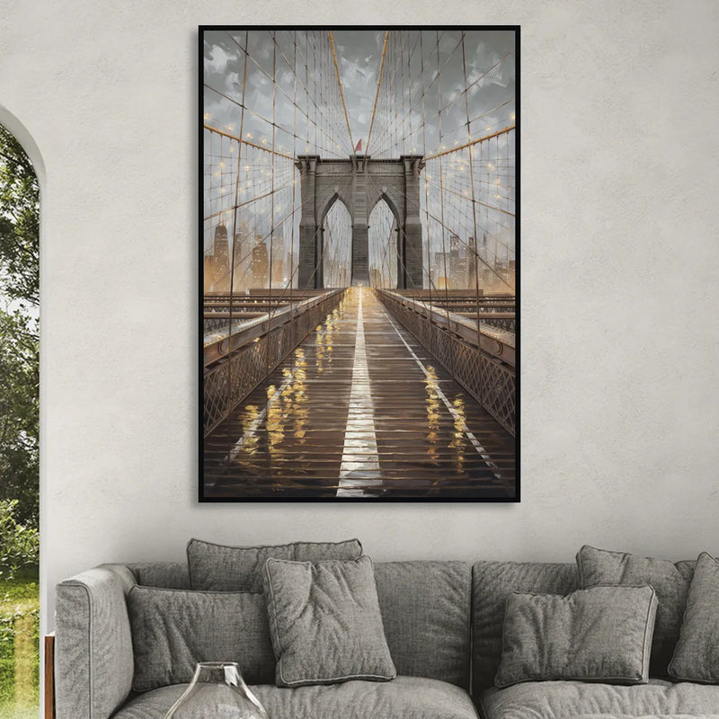 New York City Brooklyn Bridge View Living Room - Black Canvas Wall Art