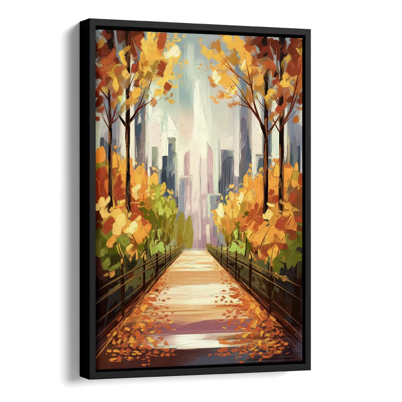 New York City Central Park in Fall Sunny Side - Black Canvas Wall Art