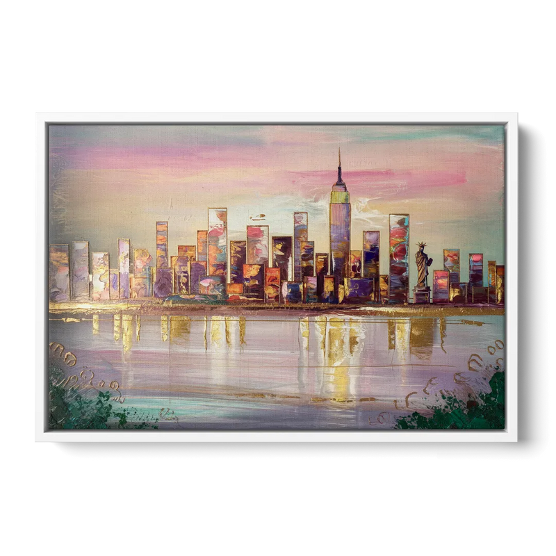 New York City Downtown Skyline Front - White Canvas Wall Art