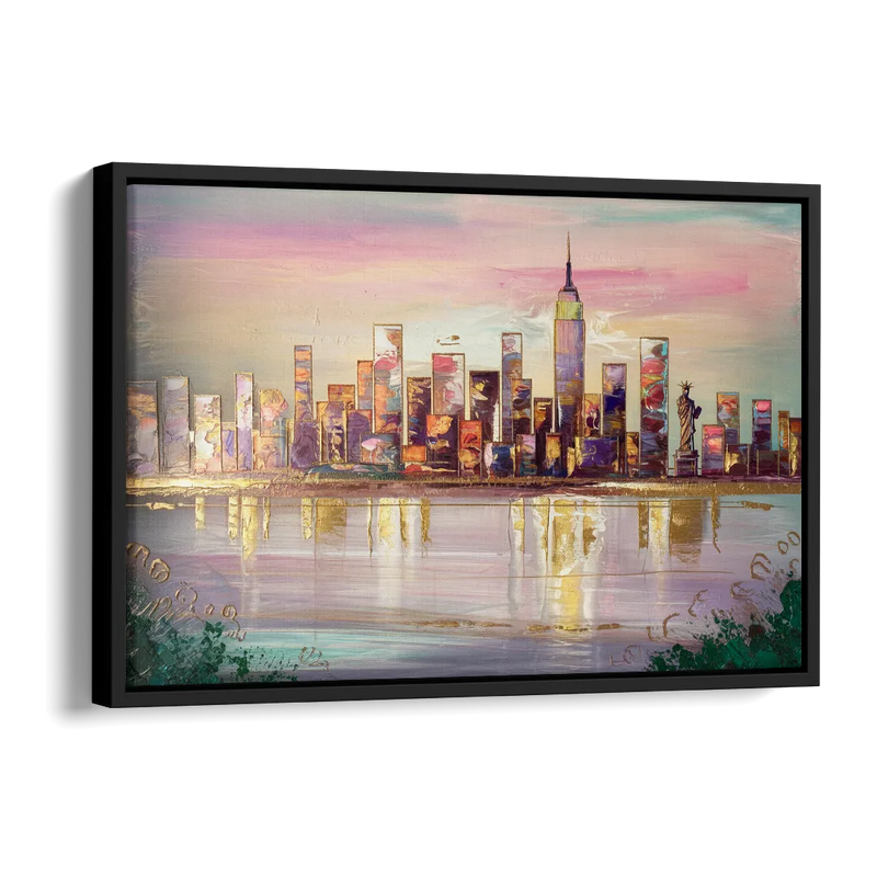New York City Downtown Skyline Side - Black Canvas Wall Art