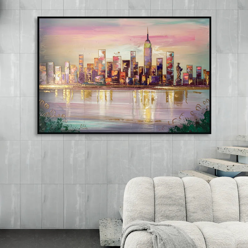 New York City Downtown Skyline Living Room - Black Canvas Wall Art