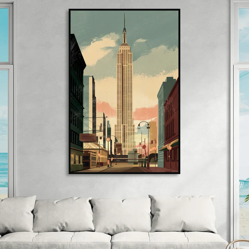New York City Empire State Building Sunny Sitting Room - Black Canvas Wall Art