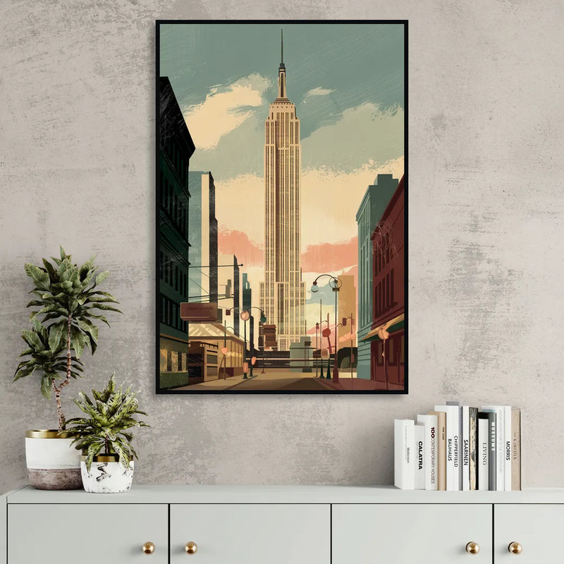 New York City Empire State Building Sunny Living Room - Black Canvas Wall Art