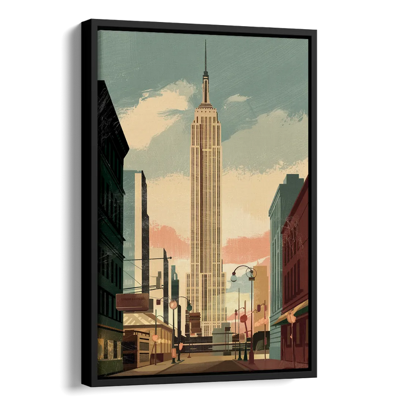 New York City Empire State Building Sunny Side - Black Canvas Wall Art