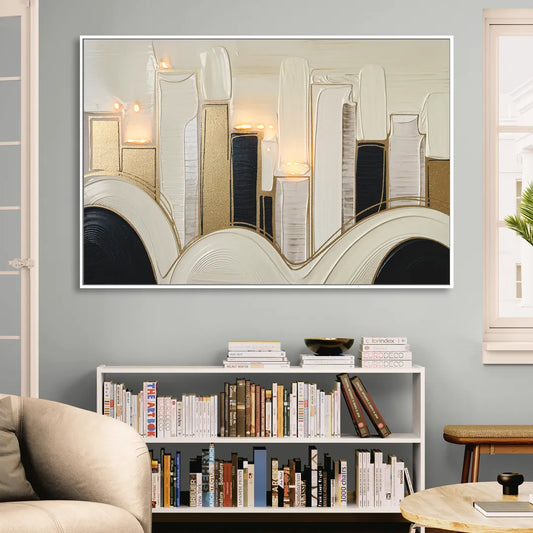 New York City Golden Glow Skyline Living Room - White Canvas Wall Art