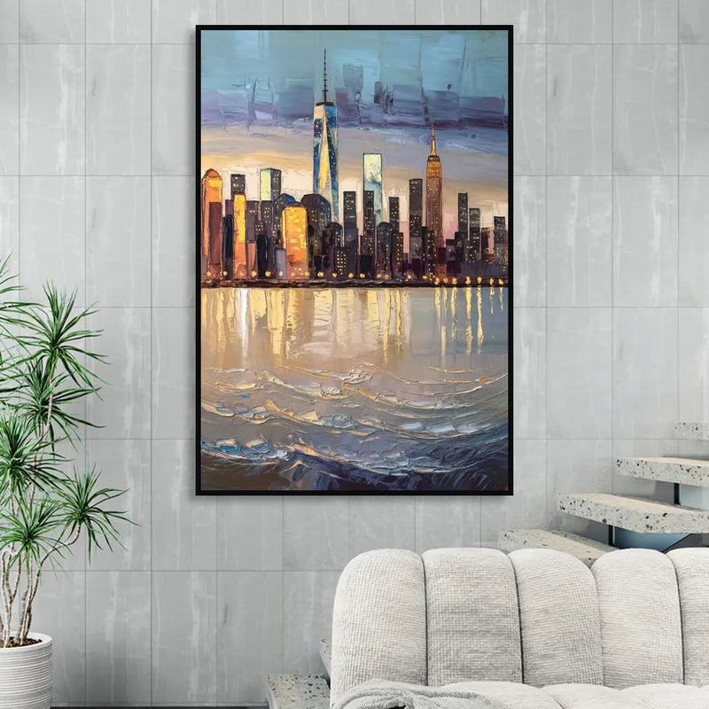 New York City Hudson River View Living Room - Black Canvas Wall Art