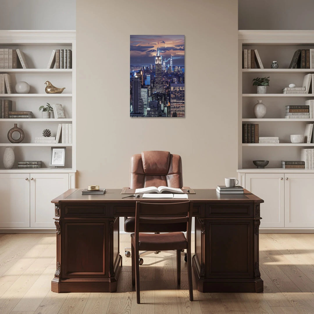 New York City Night Blue Lights Skyline - Canvas Wall Art - Office - 24x36