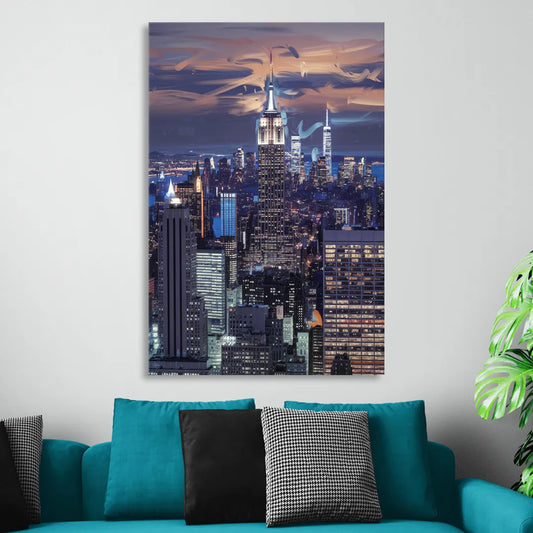 New York City Night Blue Lights Skyline Living Room - Canvas Wall Art